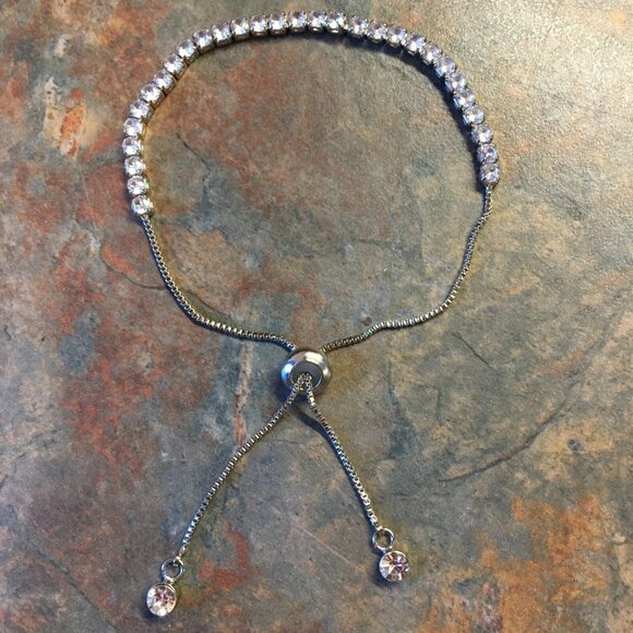 Silvertone Adjustable Slider Lariat Rhinestone Bracelet - Picture 1 of 5